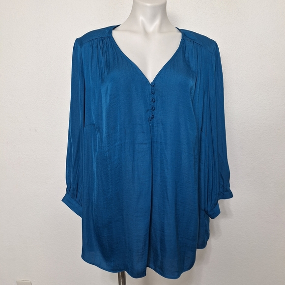 Joie Blue Bohemian Lagenlook Round Hem Long Bell Sleeve Hi Low Blouse Size 2X - Picture 1 of 14